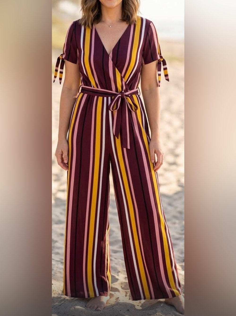 J for Justify Burgundy Striped Wide-Leg Jumpsuit with Tie Waist